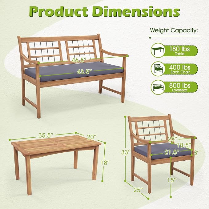 Tangkula 4 Piece Wood Patio Furniture Set, Outdoor Conversation Set w/Soft Seat Cushions, Solid Acacia Wood Frame, 2 Armchairs, Loveseat & Coffee Table Set for Backyard, Porch, Poolside