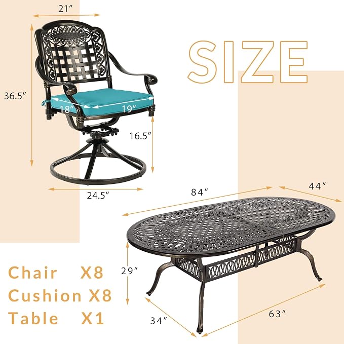9-Piece Patio Dining Set, Outdoor Patio Table and Chair Set of 84” Oval Cast Aluminum Dining Table with Umbrella Hole, 8 Patio Dining Swivel Chairs Padded, Patio Funiture Set, Blue