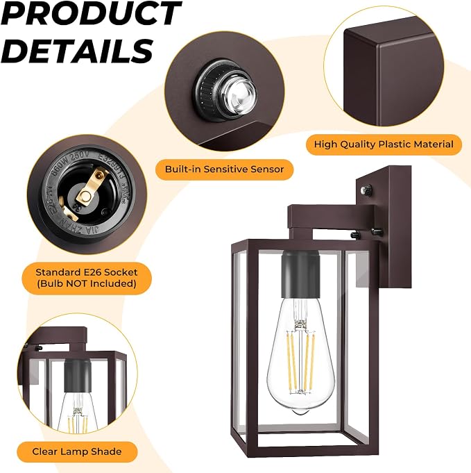 FOLKSMATE 2 Pack Dusk to Dawn Outdoor Wall Light Fixtures, Exterior Porch Light, Waterproof Wall Sconces Lanterns, Sensor Lighting Wall Mount for House Doorway Garage, Dark Chocolate