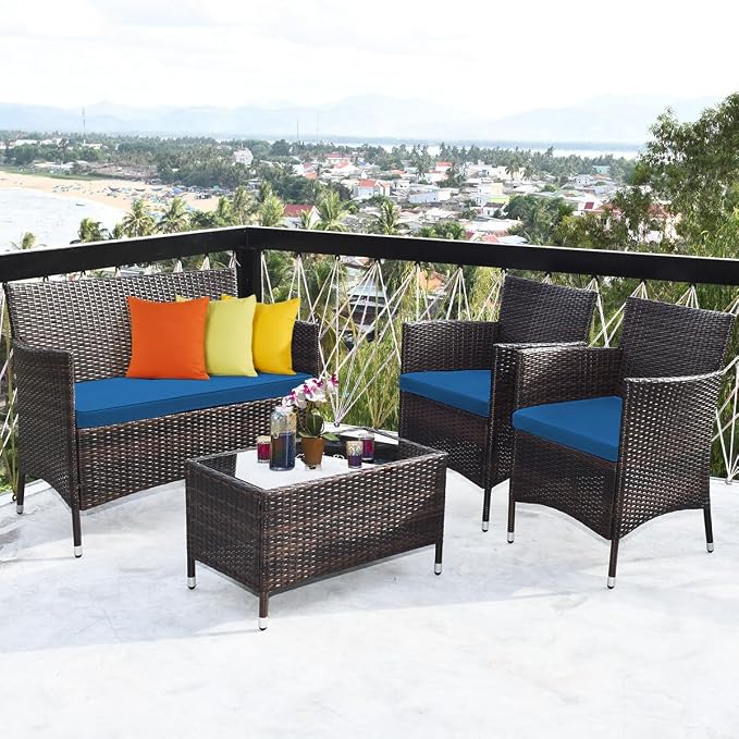 Tangkula 8 Pieces Patio Rattan Conversation Set with Tempered Glass Coffee Table & Thick Cushion, Wicker Set for Garden, Lawn, Poolside and Backyard