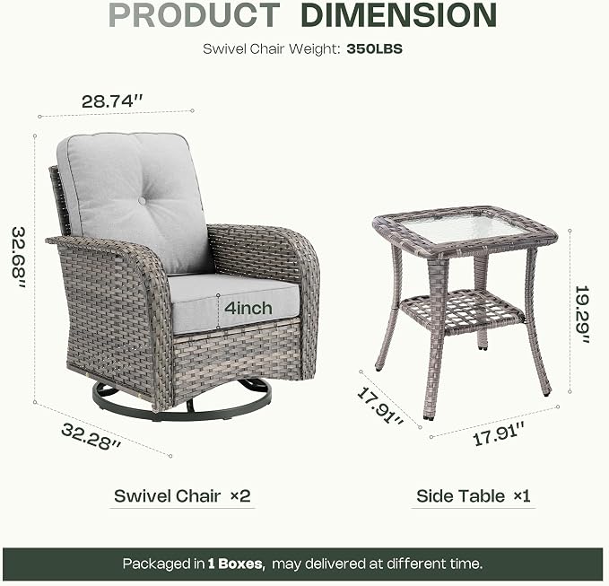 3-Piece Patio Furniture Set, Outdoor Wicker Furniture with Coffee Table, High Back Swivel Rocker Patio Chairs, Modern Rattan Outdoor Chairs Conversation Set for Porch, Balcony, Garden, Light Gray