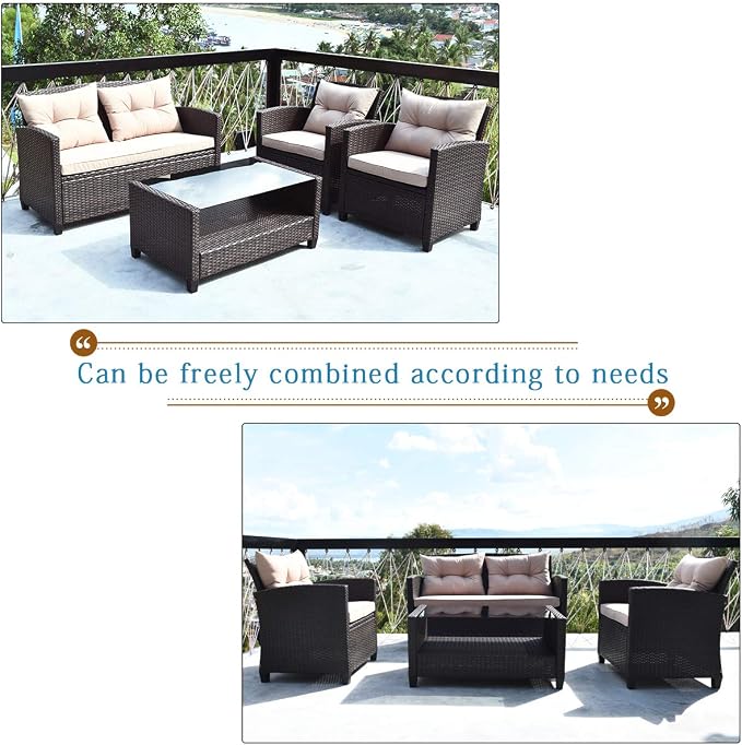 Tangkula 4-Piece Patio Furniture Set, Rattan Wicker Chair Set with 1 Loveseat, 2 Single Sofas, 1 Coffee Table with Tempered Glass Top, Outdoor Furniture Sets for Backyard, Porch, Garden and Poolside