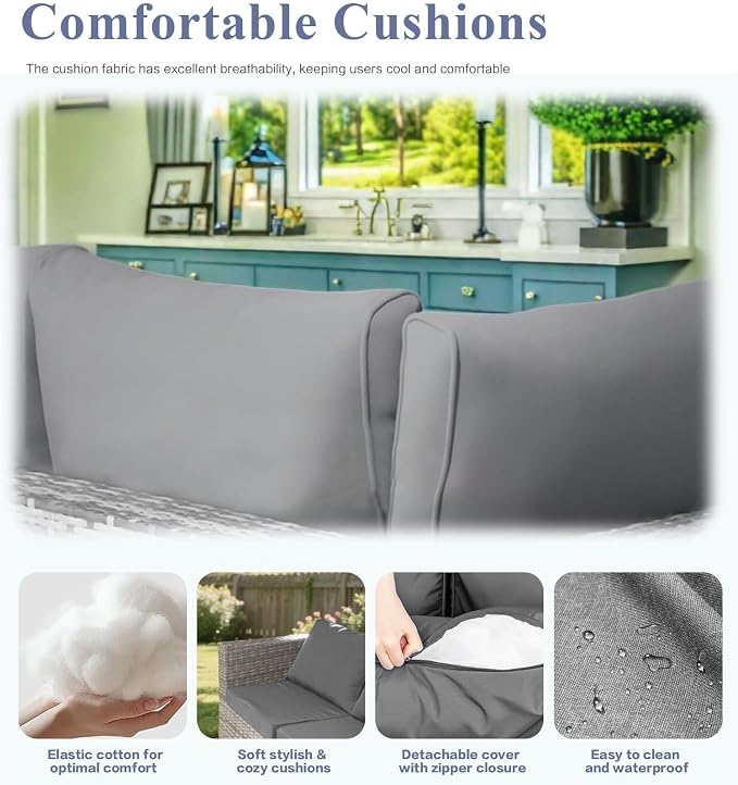 7-Piece Outdoor Rattan Sectional Sofa Set, Wicker Patio Furniture with Coffee Table, Grey Cushions, Patio Conversation Set for Your Villa, Balcony, Porch, Backyard