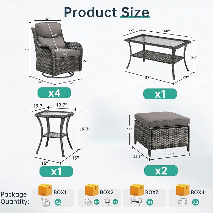 Outdoor Swivel Rocker Patio Chairs Set of 4 with Coffee Table - 5" Thick Cushion 7 Piece Furniture Set All Weather Comfortable Wicker Conversation Set for Porch Deck - Gray/Gray