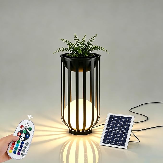 Solar Powered Patio End Table,LED Sphere Light, Remote & Detachable Solar Panel,All Weather Resistant Plant Stand for Backyard Outdoor Decor