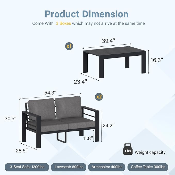 Aluminum Patio Furniture Set, 3 PCS Metal Oversized Outdoor Furniture Set Washable Thick Cushions, 4 Seat Patio Conversation Set with 3.54” Wide armrest and Coffee Table for Patio, Garden