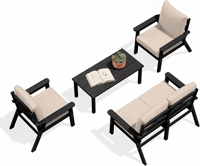 PLUUV 5-Piece HDPE Patio Furniture Set, Outdoor Sectional Conversation Set with Thick Washable Cushions & Coffee Table, All-Weather Modular Couch, Black Frame with Khaki Cushion