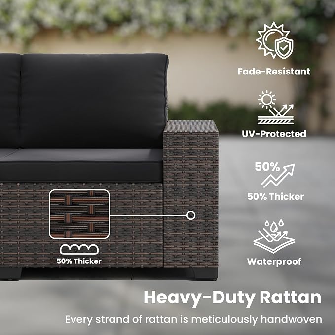 Soohow 7-Piece Patio Furniture Set with 44" Fire Pit Table, Outdoor Sectional Wicker Rattan Conversation Set for Garden, Porch, Backyard - Black Cushions
