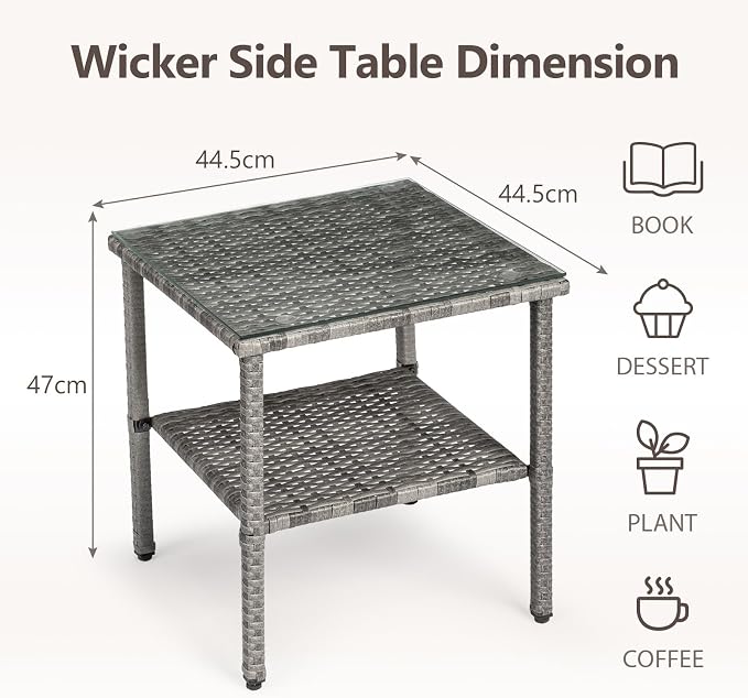 Outdoor PE Wicker Side Table with Storage, Patio Rattan End Table Square Glass Top Table for Furniture Gardening Tools