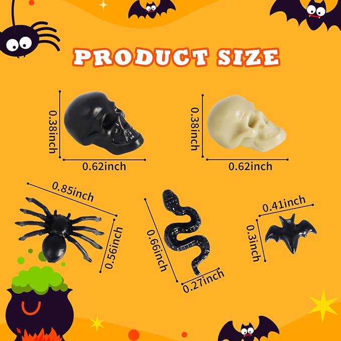 Hiawbon 200 pcs Mini Plastic Skull Heads Bats Realistic Spider | Halloween Miniatures Fake Halloween Figurines for Fairy Garden Home Decorations