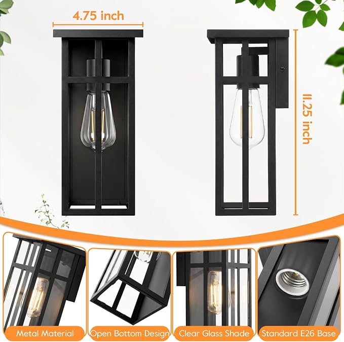 Outdoor Wall Light Fixtures, Modern Black Porch Wall Lanterns | Waterproof Construction & Durable Metal, Rust-Resistant, Quick & Easy Installation, Clear Glass Shades & Standard E26 Socket