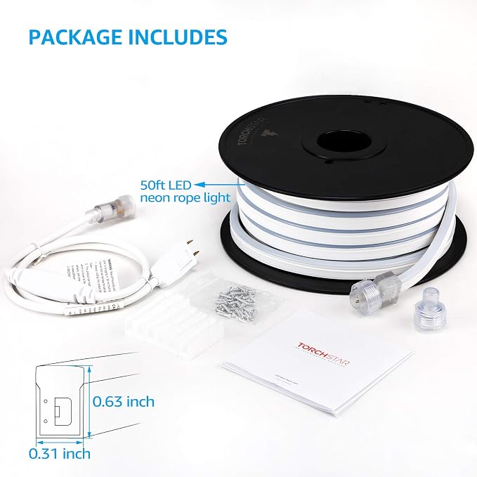TORCHSTAR 50ft LED Neon Rope Light, Blue LED Strip Lights | Outdoor IP67 Waterproof, 120V UL Plug, ETL Connectable, Neon Light Strip for Shop Sign, Patio Decor, Max 2 Sets (100FT)