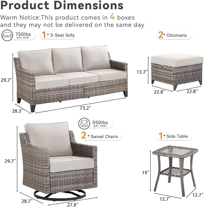 6 Piece Outdoor Patio Wicker Furniture Sets-High Back Outdoor Conversation Set Sectional Sofa with Wicker Swivel Rocker Patio Chairs,Thick Cushions Ottomans for Porch Balcony Patio Deck Grey/Beige