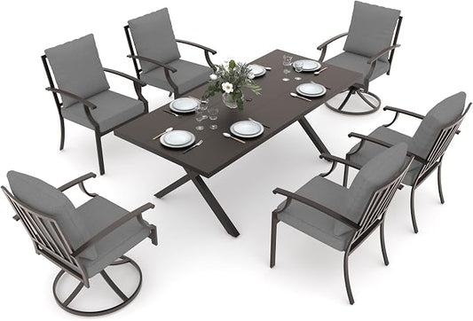 Gotland 7 Piece Outdoor Dining Set, Metal Outdoor Table and Swivel Chairs with X-Shaped Legs 1.5" Umbrella Hole, Patio Furniture Set with Waterproof Cushions, Patio Dining Sets for Backyard Deck Gray
