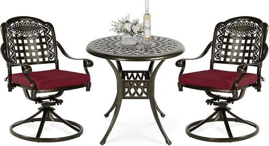 VIVIJASON 3-Piece Patio Bistro Set, Outdoor All-Weather Cast Aluminum Furniture Dining Set, Include 2 Swivel Chairs and 31" Round Table w/Umbrella Hole for Balcony, Lawn, Garden (Red Cushion)