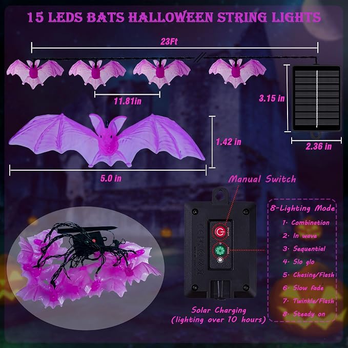 Halloween Decorations Outdoor 3D Flying Bats Solar String Lights | 15LED Bat String Lights, Halloween Garden Lights with 8 Lighting Modes, Light up Hanging Bats for Yard,Fence,Rail,Porch Decor