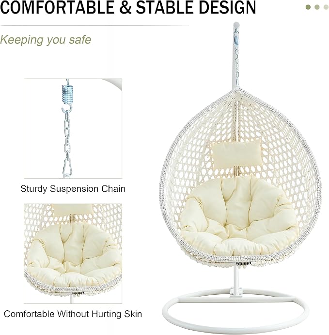 Egg Chair Indoor, Hanging Egg Chair with Stand, Rattan Wicker Swing Chair with Cushions, Swinging Chair for Bedroom Outdoor Patio Balcony Backyard Heavy Duty 350LBS,White