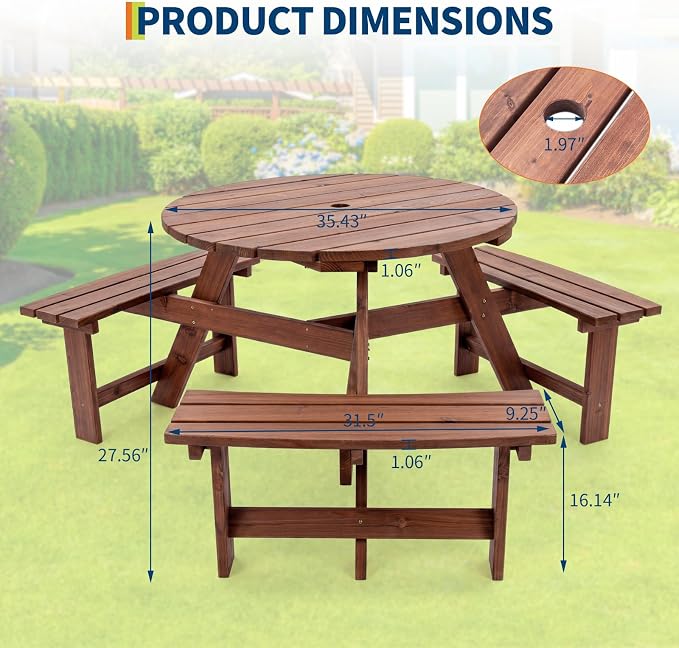 Garvee 6 Person Wooden Picnic Table, Outdoor Picnic Tables with 3 Built-in Benches, Circular Camping Dining Table and Chairs Set with Umbrella Hole for Garden, Patio, Backyard, Walnut Brown