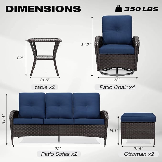 Joyside Wicker Patio Furniture Set, 10 Piece Outdoor Furniture Set with Thickened Cushions, High Back, Deep Seating, Wide Armrest, Outdoor Swivel Rocker Chairs for Porch, Deck