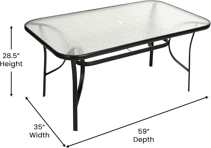 EMMA + OLIVER Bartlett 7-Piece Outdoor Dining Set, Patio Table with Tempered Glass Top and Umbrella Hole, 6 Flex Comfort Textilene Stack Chairs, 60", Gray/Black