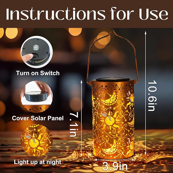 DIBIEECN Birthday Gifts for Women Mom Grandma Wife, Solar Lanterns Outdoor Waterproof, Metal Hanging Lights Garden Decor, LED Decorative Lantern for Patio Porch Backyard, Sun and Moon, 1 Pack