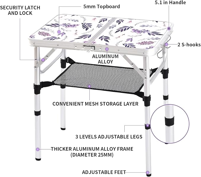 Yriuat Folding Camping Table 2ft Portable Picnic Table Adjustable Height Small Card Table Aluminum Foldable Lightweight with Carry Handle for Outdoor Indoor Hiking Camp BBQ Beach (Misty Lilac)