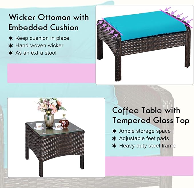 COSTWAY 5 PCS Patio Rattan Furniture Set, Outdoor Cushioned Sofa with Ottomans and Coffee Table, Wicker Conversation Set for Backyard Porch Lawn Poolsid, Turquoise