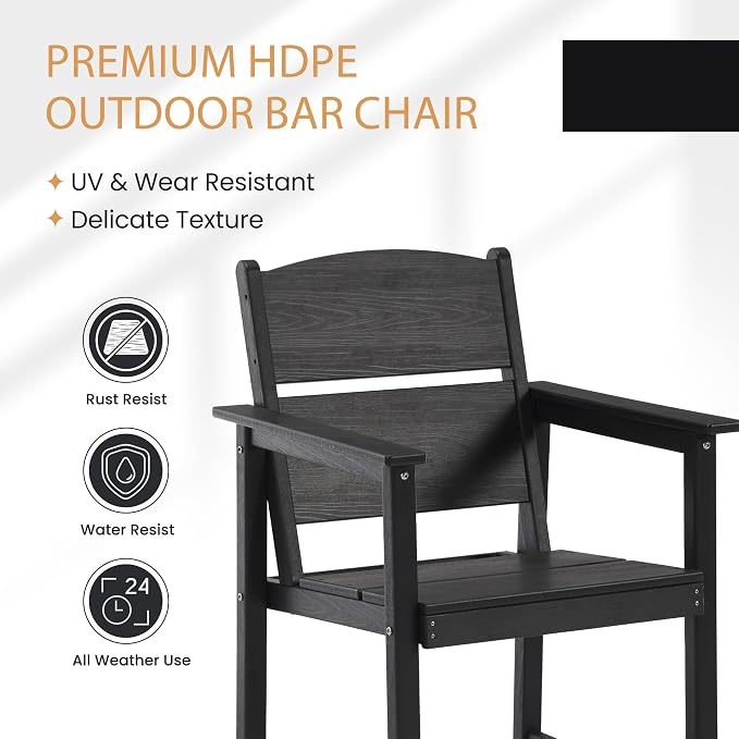 4 Pack Outdoor Bar Stools, HDPE Patio Bar Chairs with Armrests & Footrest, Weather Resistant All-Weather Counter Height Chairs for Outdoor Deck, Backyard, Poolside,Black