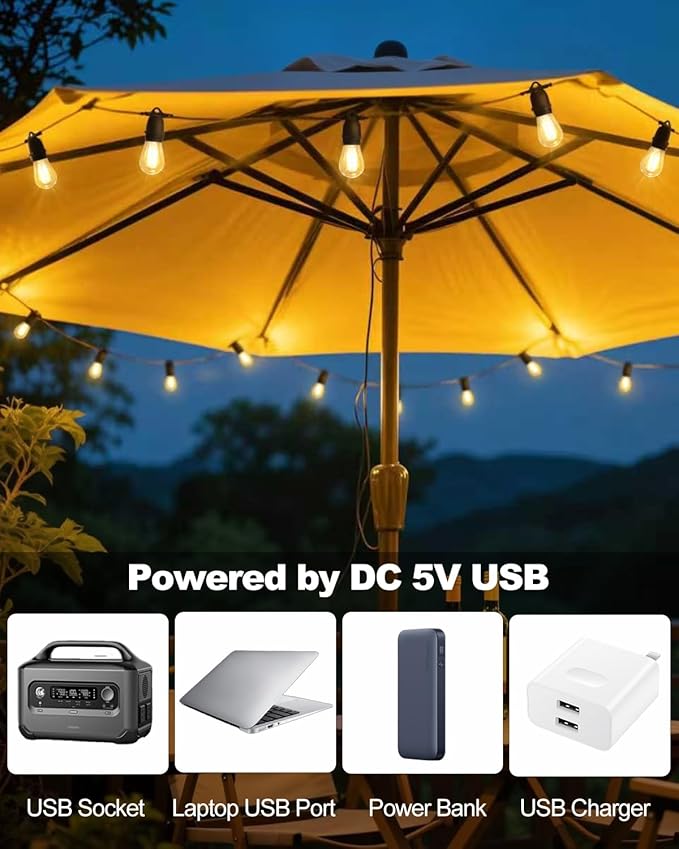 24.6Ft USB Powered String Lights,10 LED Bulb Waterproof&Shatterproof | Outdoor Camping String Light Dimmable Brightness with Swith for Tents,Patio,Backyard and Holidays,2700K Warm White
