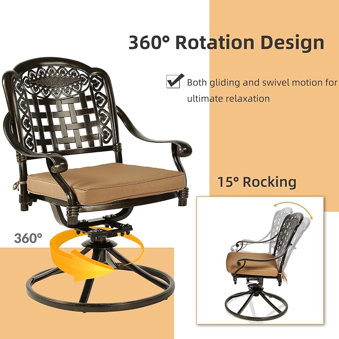 5 Piece Patio Dining Set, Outdoor Table and Chairs Set for 4 Cushioned Swivel Rocking Chairs and 38.5'' Round Table, All-Weather Cast Aluminum Patio Funiture Set, 2'' Umbrella Hole