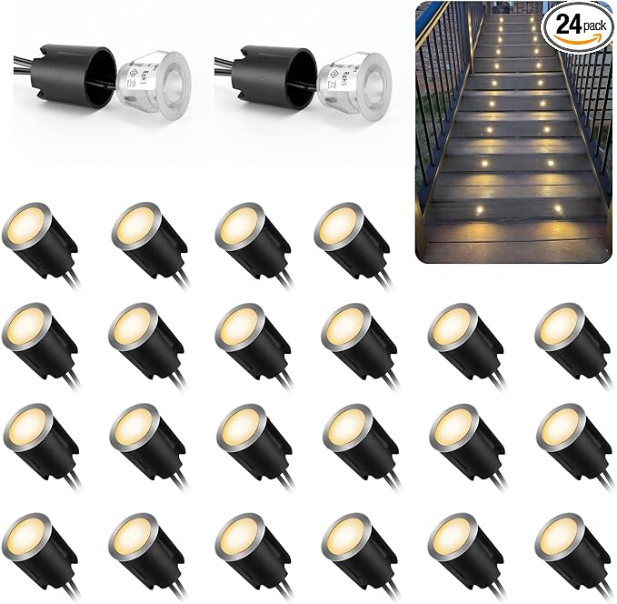 24 Pack LED Recessed Deck Lights with Protecting Shell, IP68 Waterproof Warm White, 0.6W , Outdoor Landscape Lighting, 12V Low Voltage Deck Lights Kit for Garden Yard Step Riser Stair Decoration