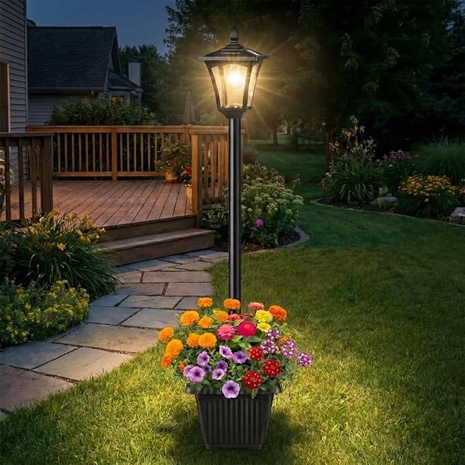 Benany 76" Solar Lamp Post Lights with Planter, Glass & Metal Street Light Outdoor Waterproof, 60 Lumens Dusk to Dawn Solar Pole Light for Garden, Yard, Driveway, Porch, Patio, Warm White