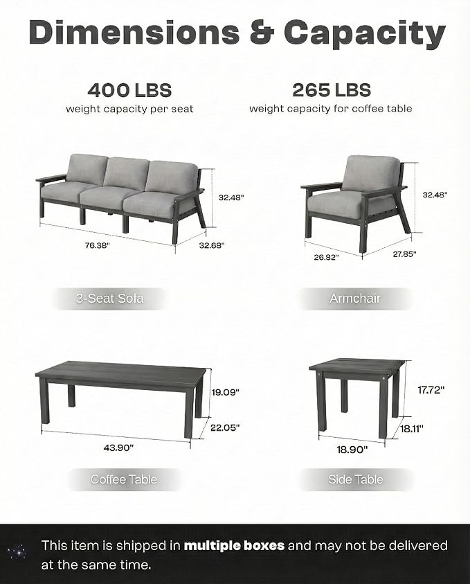 7 Piece Patio Furniture Set, HDPE Outdoor Sectional with Gray Washable Thick Cushions, Coffee Table & Side Table, Patio Conversation Sets for Lawn, Garden, Porch, Balcony (Grey Frame)