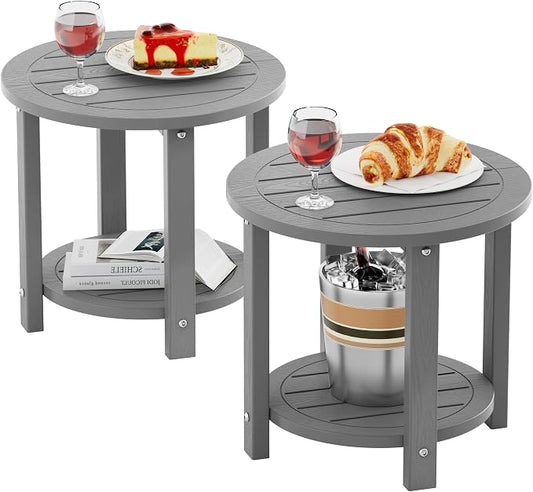 YEFU Outdoor Side Table for Patio: 16in HIPS Small Round Outdoor End Table - 2-Tier Adirondack Tables for Porch Patio Yard Poolside Living Room Beach Bedroom (Grey, 2 Pack)