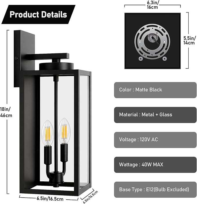 BesLowe 18’’ Large Outdoor Wall Lights, Modern Black Exterior Wall Lanterns | Waterproof Metal Construction, Rust-resistant, Quick & Easy Installation, Clear Glass Shades & E12 Socket