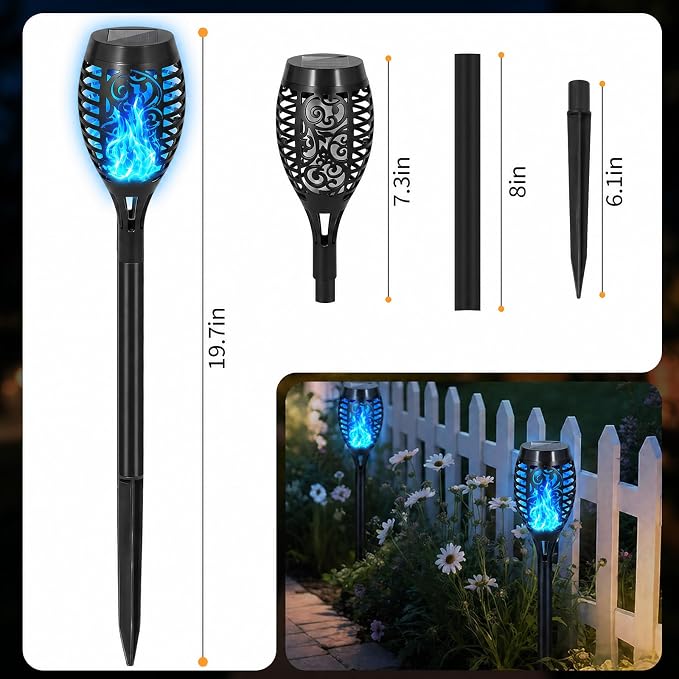 8 Pack Solar Lights Outdoor, Blue Flickering Flame Torches | Blue Flickering Flame, Long Nighttime Glow, Auto-On at Dusk, IP65 Weather-Resistant, Tool-Free Ground Setup