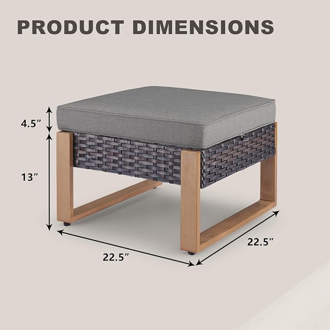 Rilyson Outdoor Ottoman Wicker Patio Footrest - 2 Piece Wicker Footrest Footstools Set with Sturdy Frame,All-Weather PE Wicker, Thick Cushions for Deck Porch Garden(Brown/Grey)