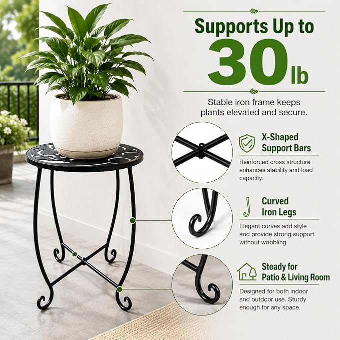 15 Inch Tall Metal Plant Stand Indoor Outdoor, Round Side Table with Swirl Pattern, Rust Resistant Iron Flower Pot Holder for Patio Garden Porch Living Room
