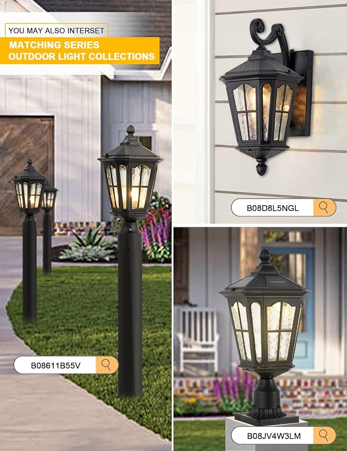 Dusk to Dawn Post Light Outdoor 2 Pack, 17''H Outdoor Lamp Post Light with Pier Mount Adapter,Waterproof IP65 Classic Die Cast Aluminum with Water Ripple Glass, Matte Black…