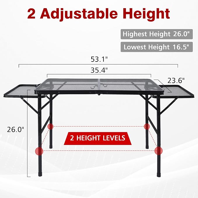 JOUYEK Folding Grill Table, 3x2 FT Portable Camping Table with 2 Wing Panels, Height Adjustable Metal Tables with Mesh Desktop and Mesh Bag, Outdoor Furniture for Camping, Picnic, Beach and BBQ, Black