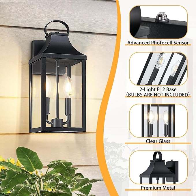 15" Dusk to Dawn Black Outdoor Wall Lantern 2-Light, Black | Outside Modern Wall Sconce Light Fixture, Industrial Porch Light with E12 Sockets, Waterproof Exterior Lamp Lighting