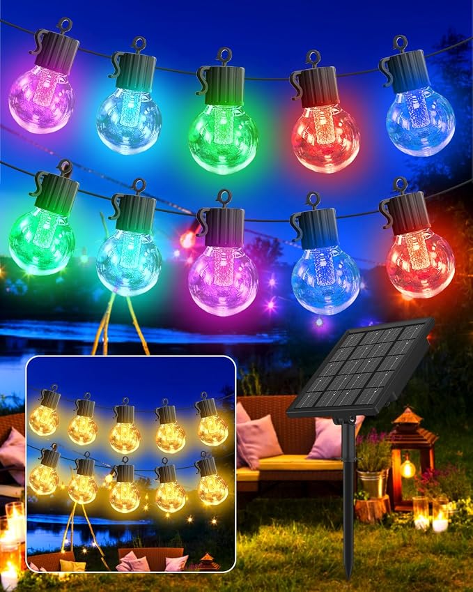 FREECUBE 50FT Solar String Lights Outdoor Waterproof, 25LEDs G40 Globe Shatterproof Bulbs,Warm White & Multicolor,8 Modes,Timer, Solar Powered Patio Lights for Backyard, Porch, Garden, Wedding Decor