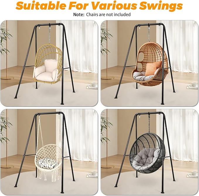 Swing Stand Only, Hammock Chair Stand, Heavy-Duty Metal Stand, Multi-Use Swing Frame for Indoor and Outdoor, Backyard, Max Load 300lbs, Hammock Chair not Included (Black)