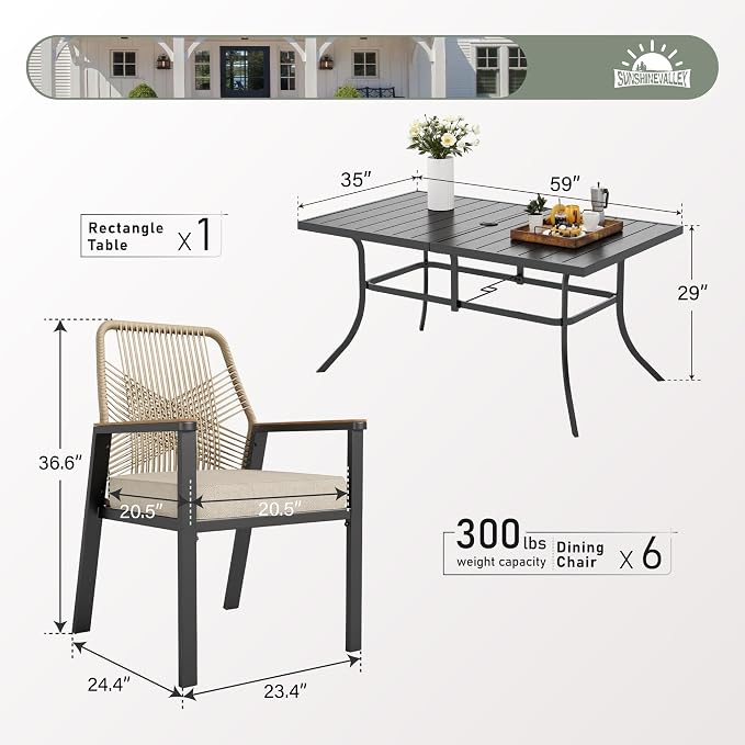 7pc Patio Dining Set for 6, Outdoor 59" Metal Table & Woven Rattan Chairs | 6 cushioned chairs + rectangle steel table. Waterproof, stain-resistant & wipe-clean. Ideal for backyard, garden & poolside.