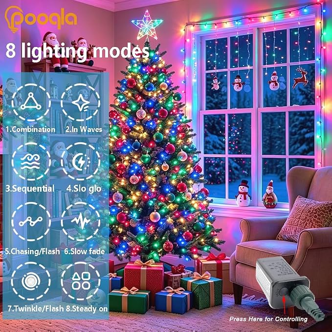 500 LED Colorful Christmas Lights Outdoor String Lights, 164 ft | Green Wire Waterproof Twinkle Fairy Lights with Timer, 8 Modes Connectable String Lights Indoor Bedroom Classroom Decorations