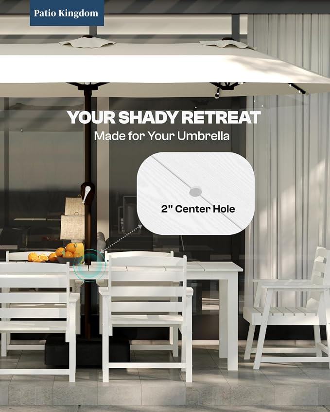 7-Piece Outdoor Dining Set with 75.2" Table for 6,White | HDPE material, umbrella hole design, weather-resistant furniture, perfect for garden, lawn, poolside, yard, balcony, deck