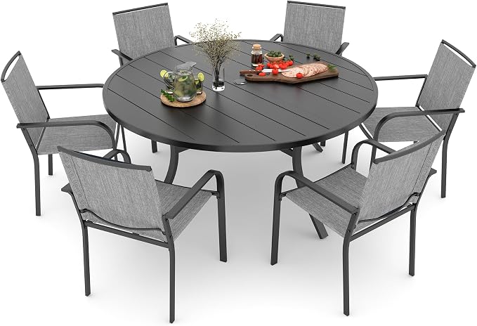Anmutig 7 Piece Metal Round Patio Table and Chair Set with Umbrella Hole, 54" Table and 6 Grey Stackable Chairs