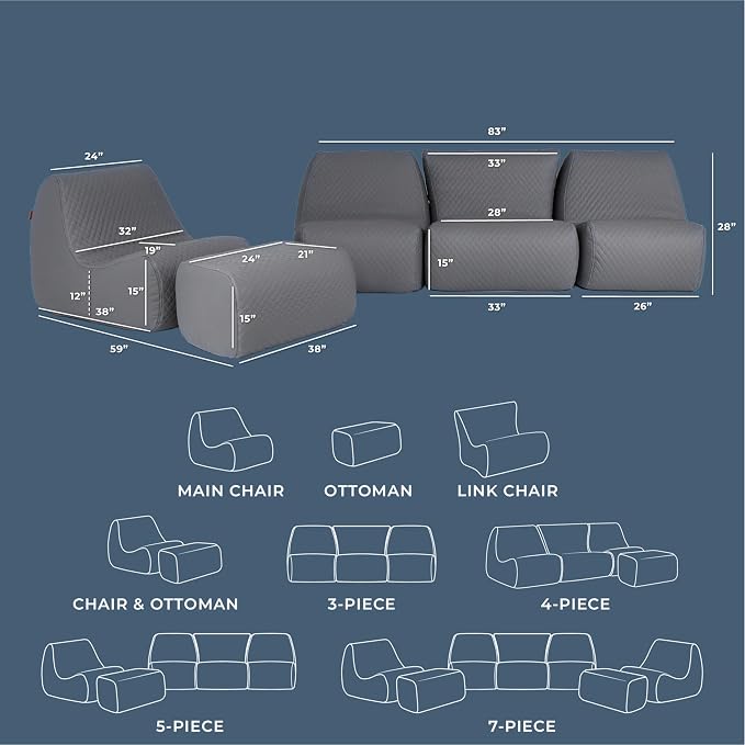 Big Joe Solvana Outdoor Sectional, 5 Piece Patio Furniture Set, Weather-Resistant Cool Touch Silicone Stitched Leather Sofa, Moonlit Gray