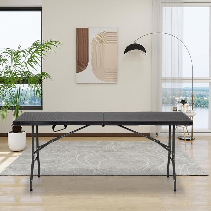 6FT White Folding Table, Portable Collapsible Dinner Table – Indoor/Outdoor Use for Camping, Patio, Yard, Wedding, Party & Cocktail Display, 500LBS (Black Ratten)