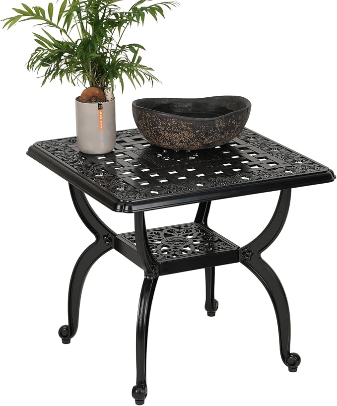 YKSY&YKSY Jardin DE Centennial Cast Aluminum Outdoor Side Table,Anti-Rust Outdoor End Table,Patio Coffee Bistro Table for Indoor,Garden,Porch,Balcony(Square Black)